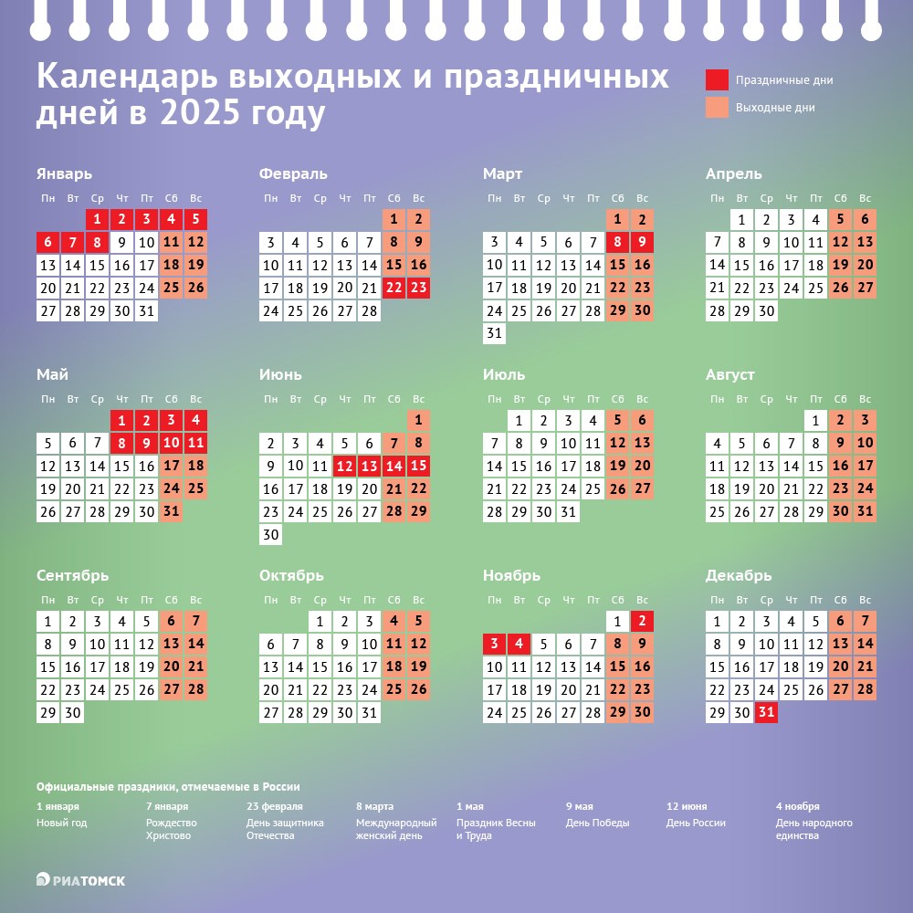 Как отдыхаем в 2025 году: календарь праздничных и выходных дней