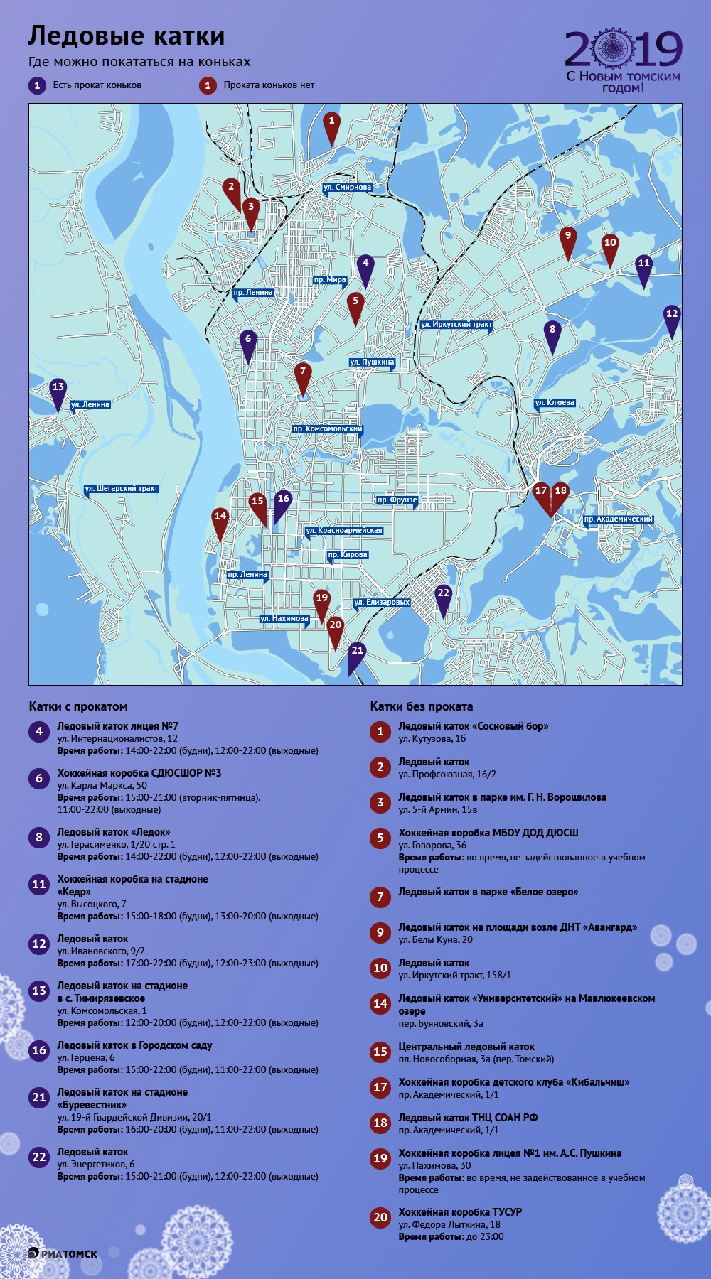 Более 20 катков откроются этой зимой в разных районах Томска, на многих из них будут работать пункты проката коньков. Где можно покататься и в какое время – в инфографике РИА Томск.