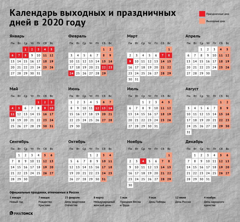 Как будем отдыхать в 2020 году: календарь праздничных и выходных дней - РИА  Томск